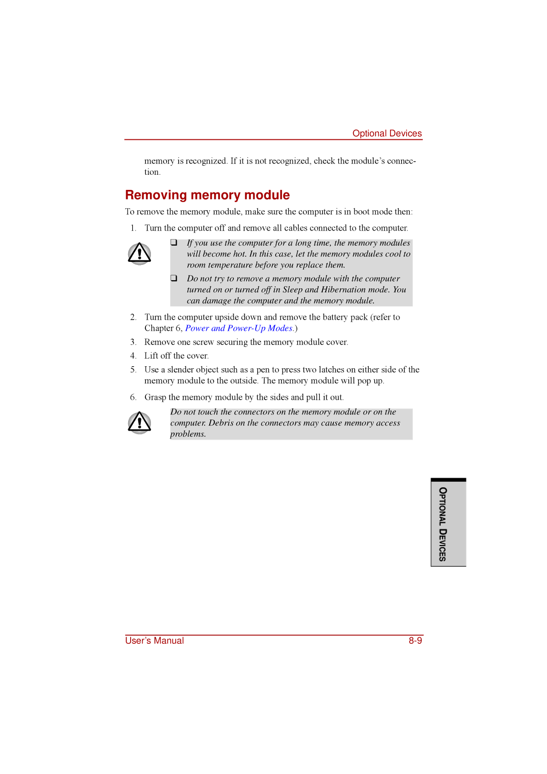 Toshiba a210 user manual Removing memory module 