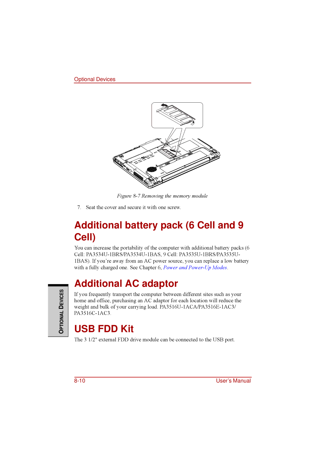 Toshiba a210 user manual Additional battery pack 6 Cell and 9 Cell, Additional AC adaptor, USB FDD Kit 