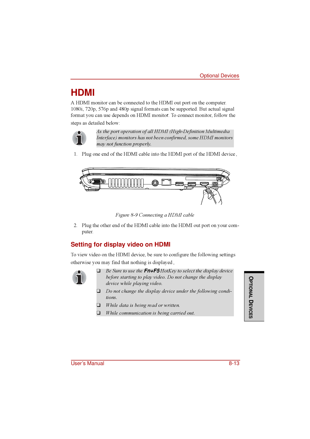 Toshiba a210 user manual Setting for display video on Hdmi 