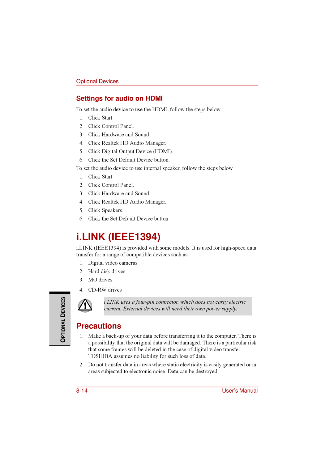 Toshiba a210 user manual Link IEEE1394, Precautions, Settings for audio on Hdmi 