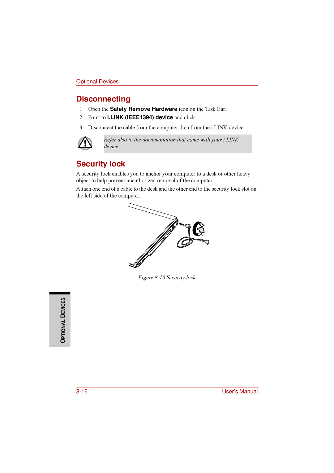 Toshiba a210 user manual Disconnecting, Security lock, Point to i.LINK IEEE1394 device and click 