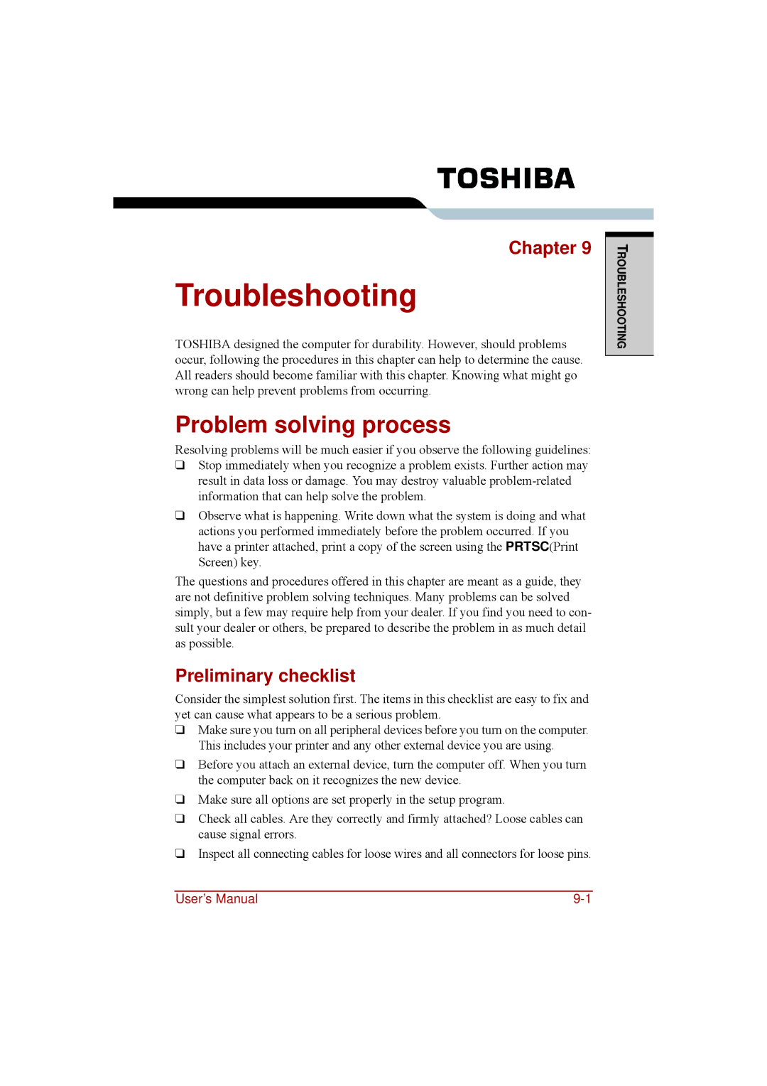 Toshiba a210 user manual Troubleshooting, Problem solving process, Preliminary checklist 