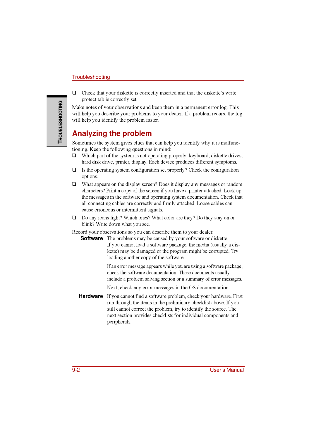 Toshiba a210 user manual Analyzing the problem, Troubleshooting 