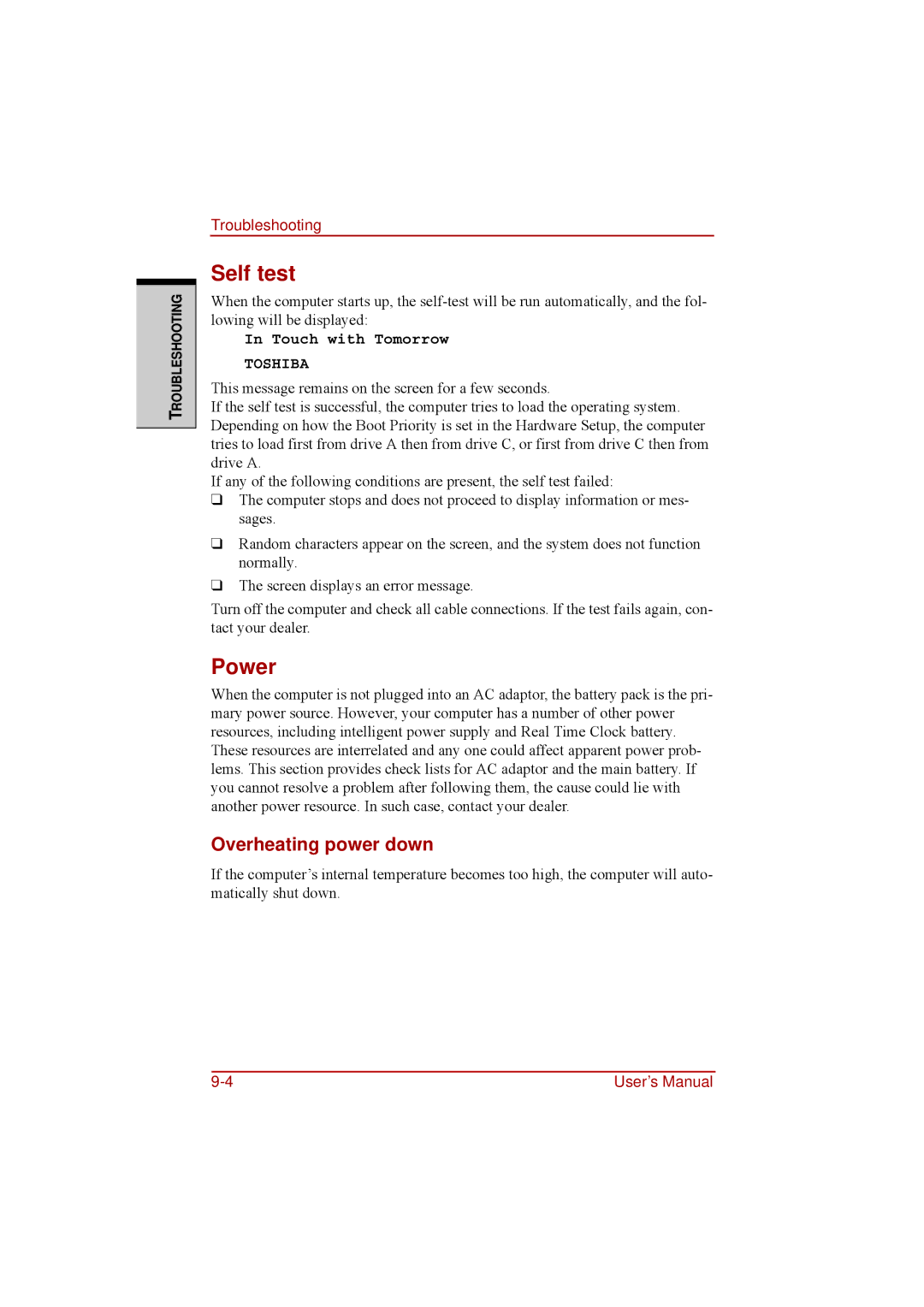 Toshiba a210 user manual Self test, Power, Overheating power down 