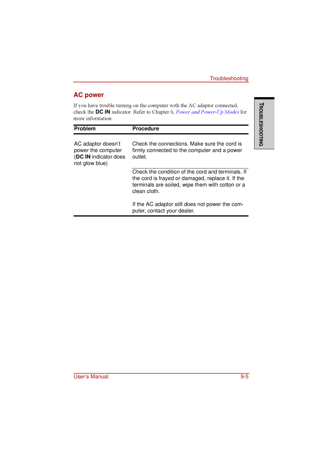 Toshiba a210 user manual AC power, ProblemProcedure 