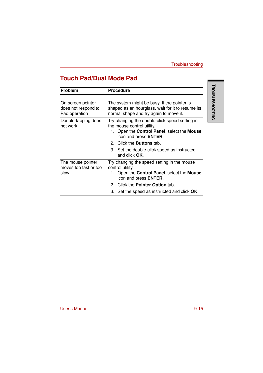 Toshiba a210 user manual Touch Pad/Dual Mode Pad, Click the Pointer Option tab 