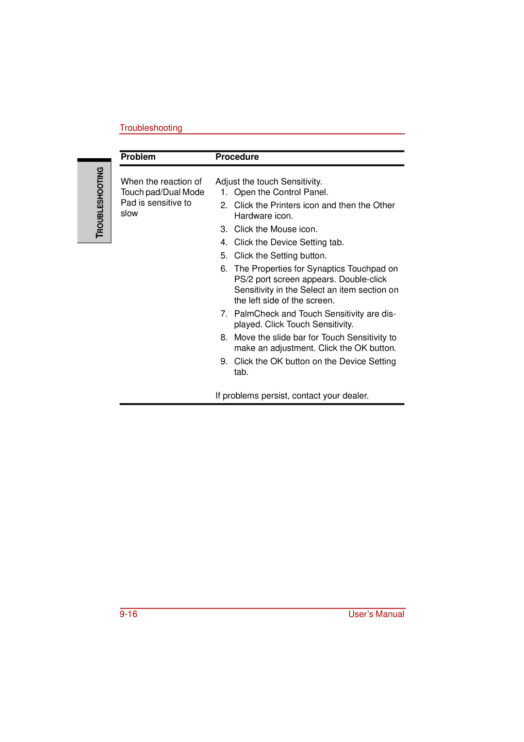 Toshiba a210 user manual ProblemProcedure 