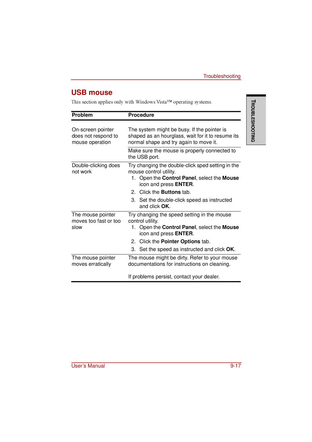 Toshiba a210 user manual USB mouse, Click the Pointer Options tab 