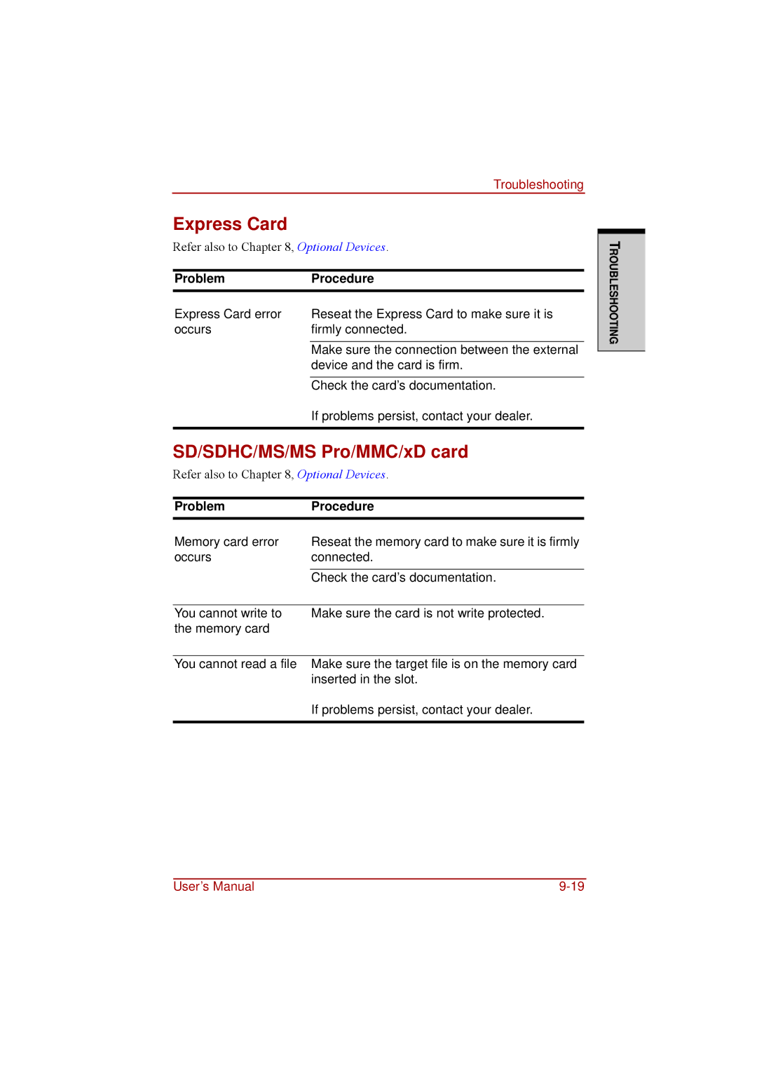 Toshiba a210 user manual Express Card, SD/SDHC/MS/MS Pro/MMC/xD card 