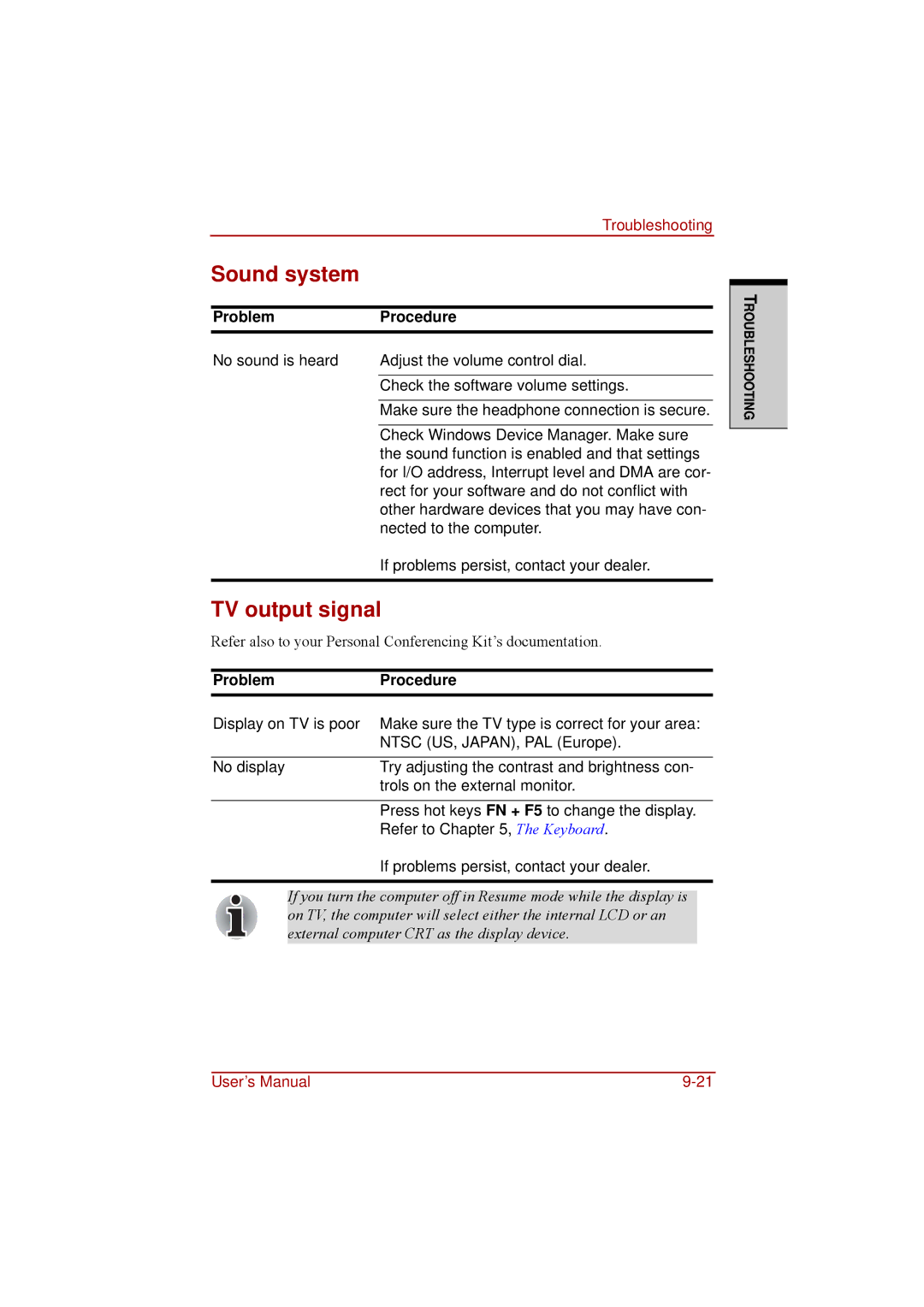 Toshiba a210 user manual Sound system, TV output signal 