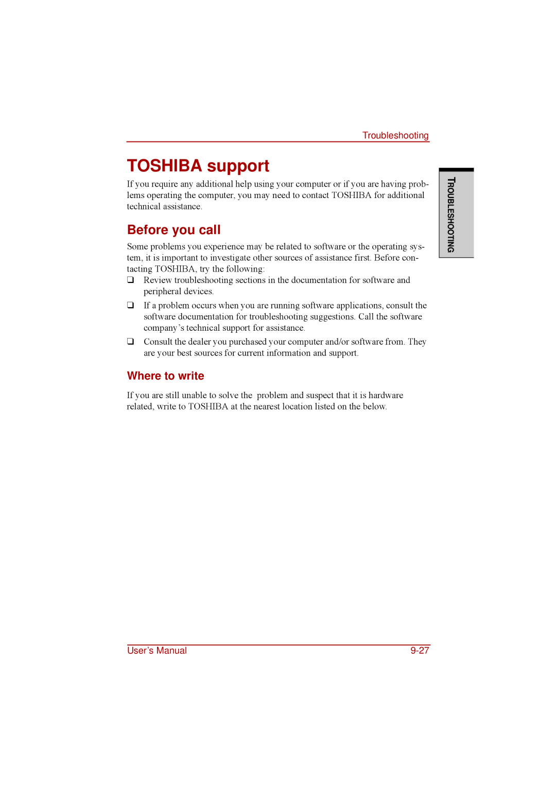 Toshiba a210 user manual Toshiba support, Before you call, Where to write 