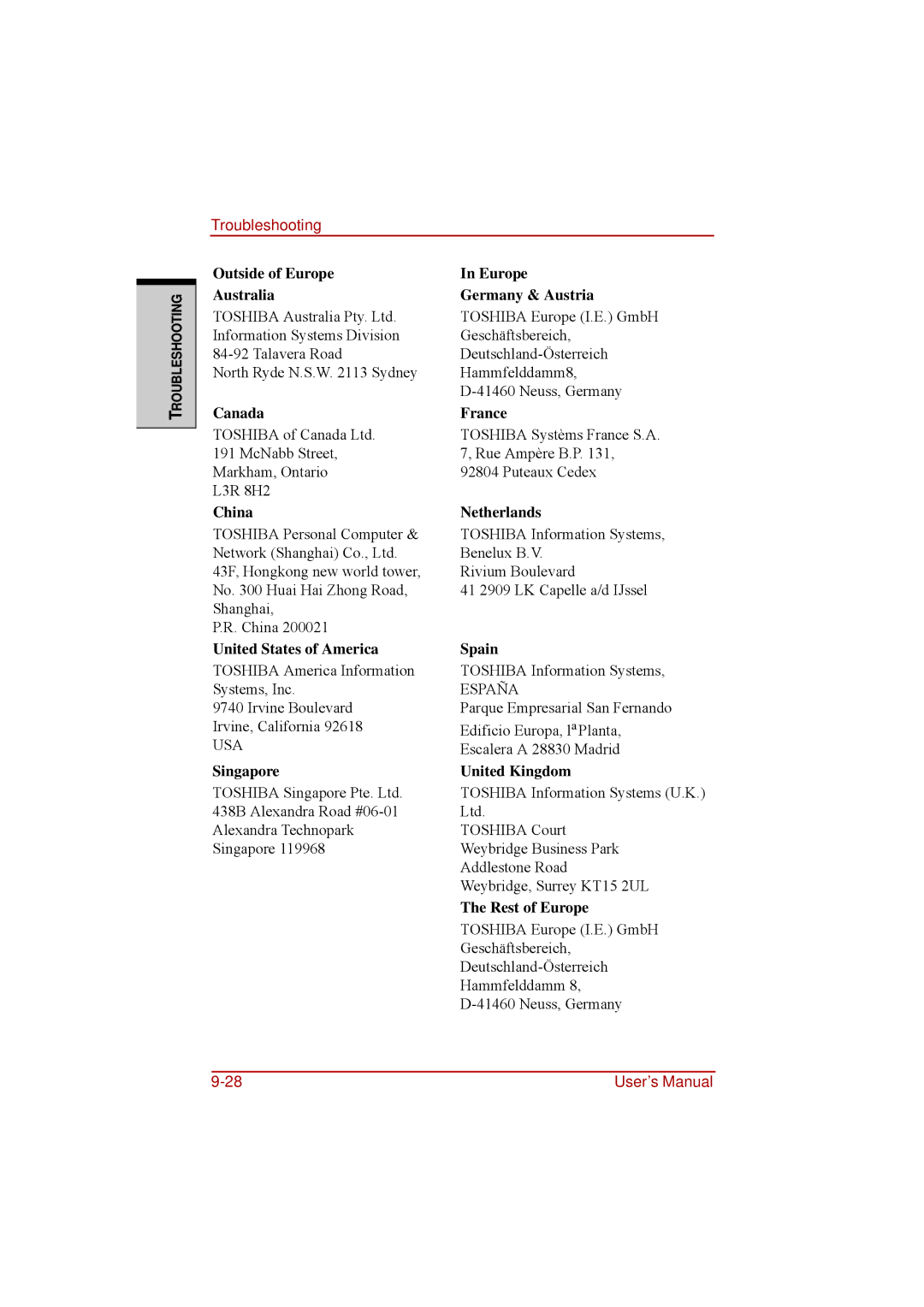 Toshiba a210 user manual Outside of Europe Australia Germany & Austria 