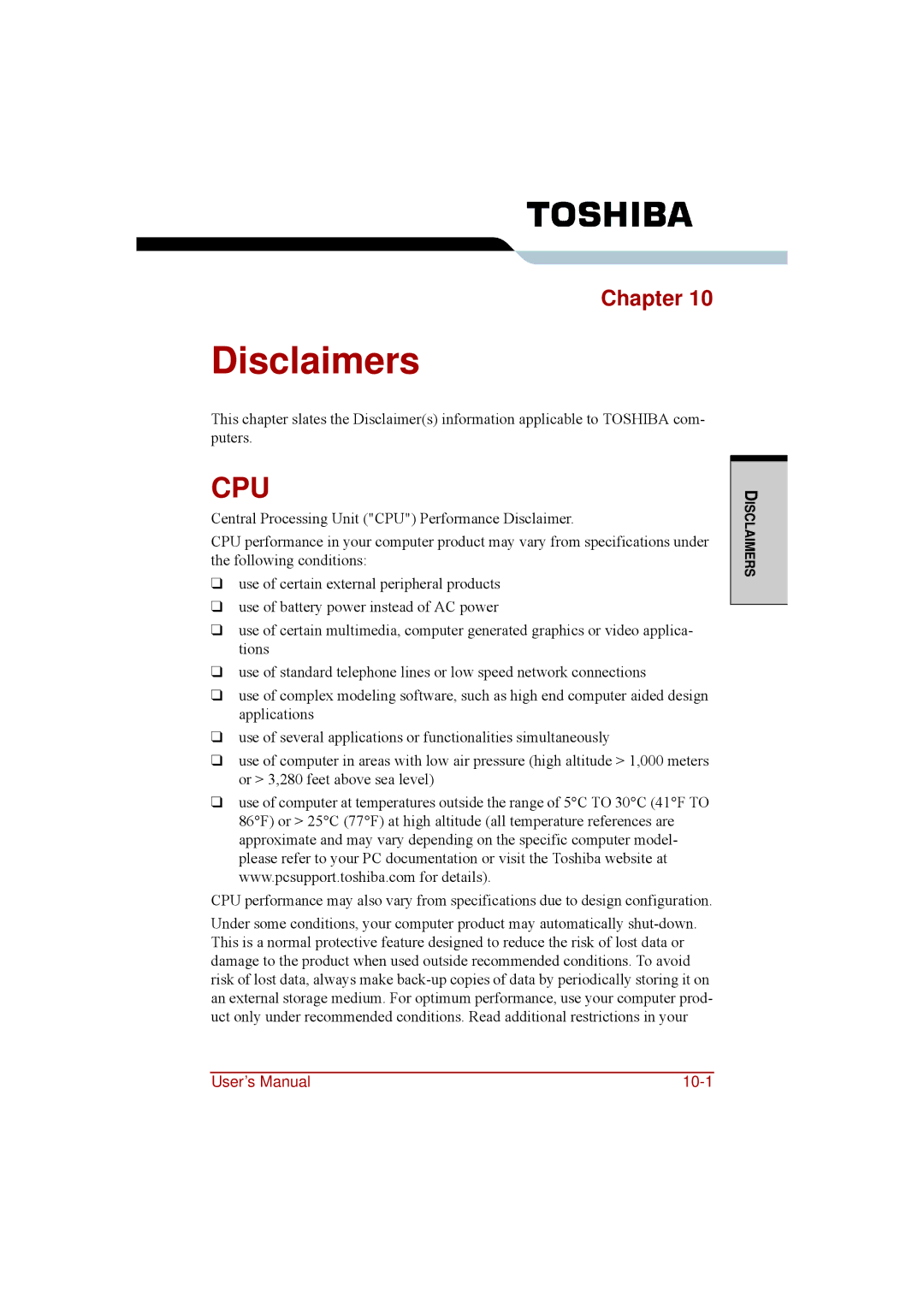 Toshiba a210 user manual Disclaimers, Cpu 