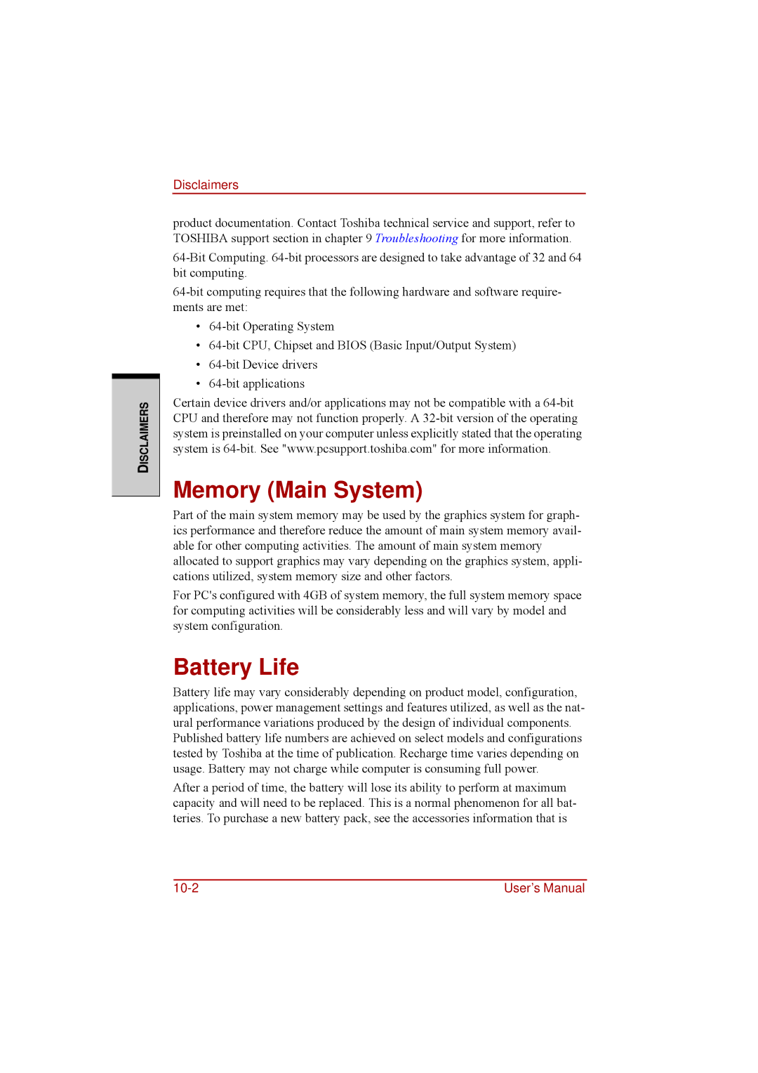 Toshiba a210 user manual Memory Main System, Battery Life 