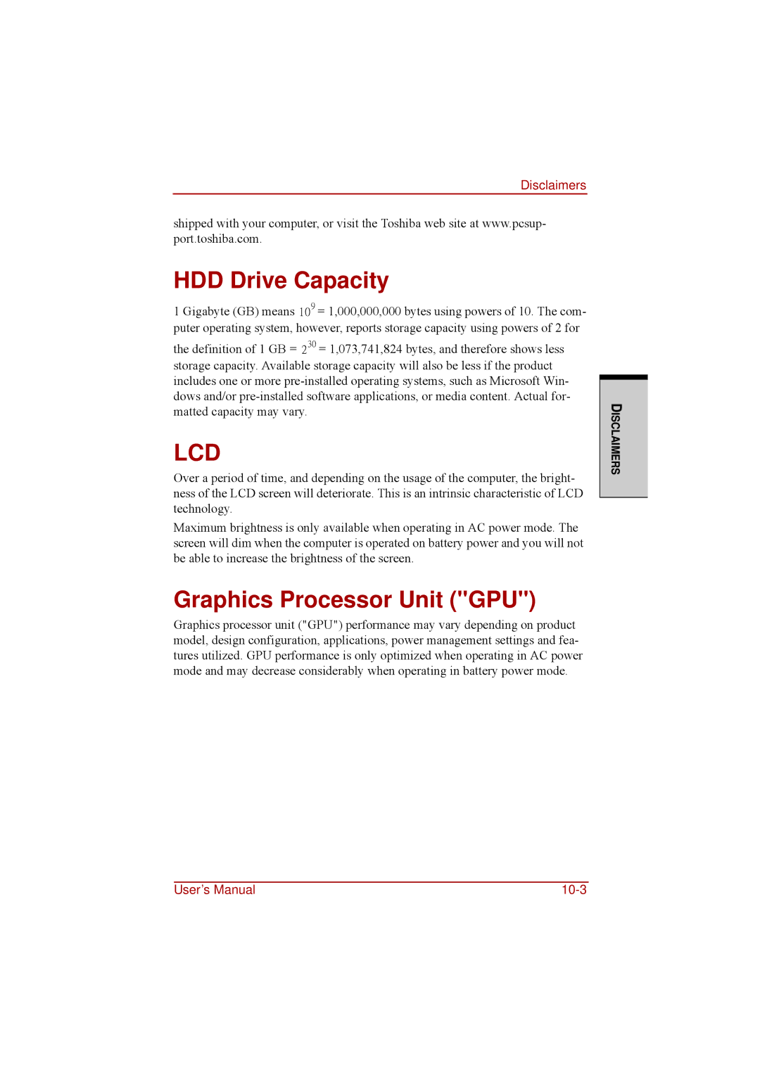 Toshiba a210 user manual HDD Drive Capacity, Graphics Processor Unit GPU 