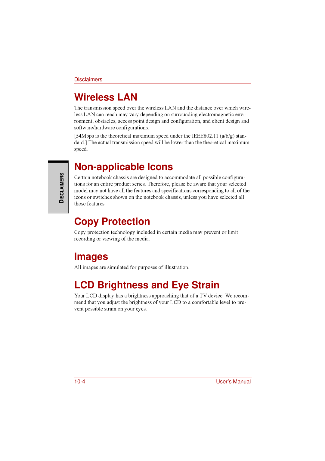 Toshiba a210 user manual Wireless LAN, Non-applicable Icons, Copy Protection, Images, LCD Brightness and Eye Strain 