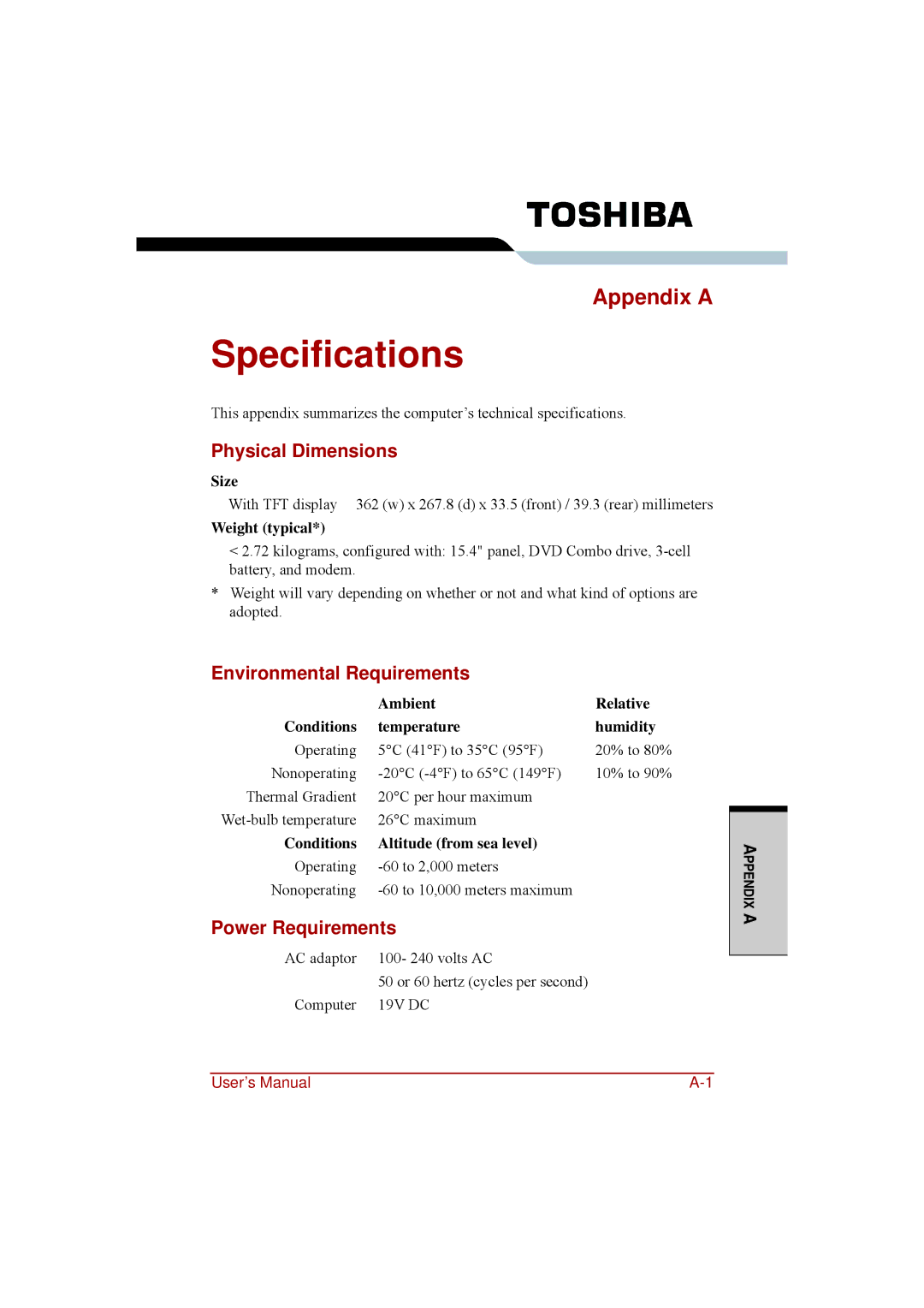 Toshiba a210 user manual Specifications, Appendix a, Physical Dimensions, Environmental Requirements, Power Requirements 