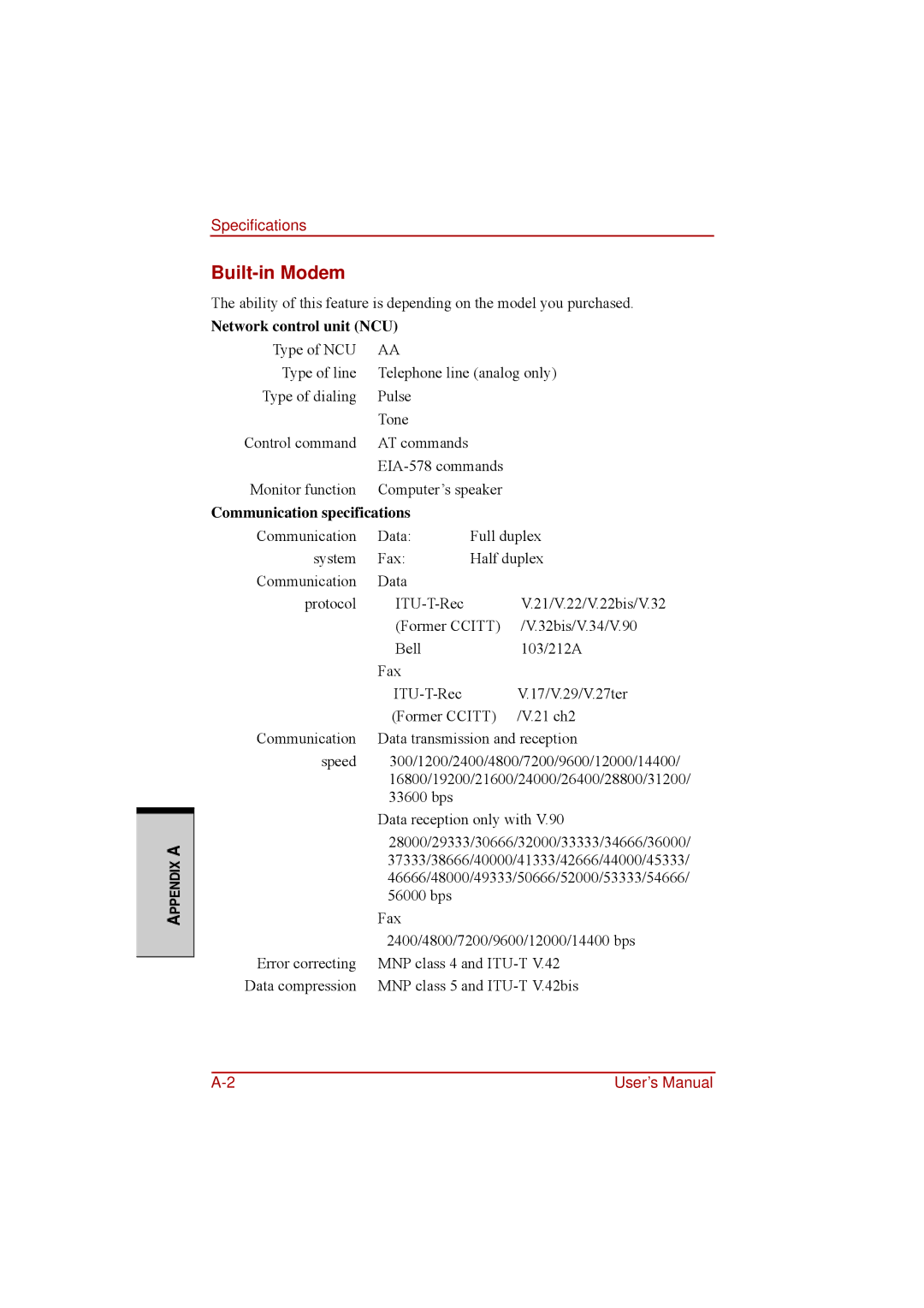 Toshiba a210 user manual Built-in Modem, Network control unit NCU 