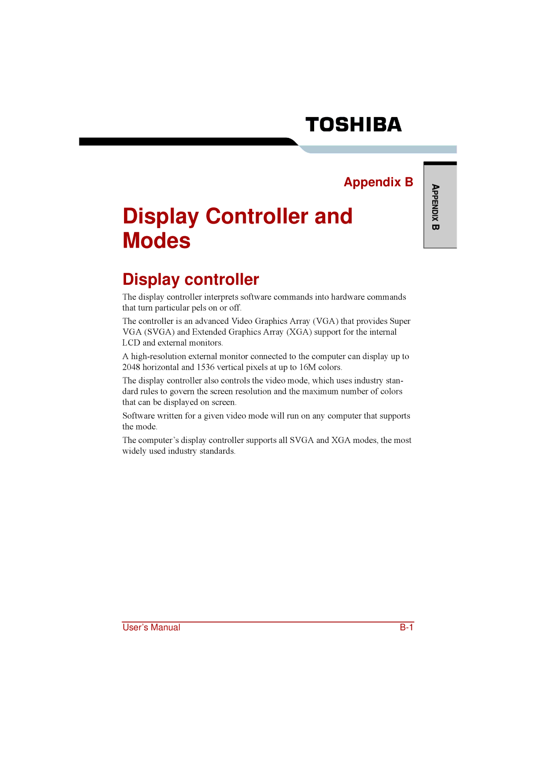 Toshiba a210 user manual Display Controller and Modes, Display controller, Appendix B 