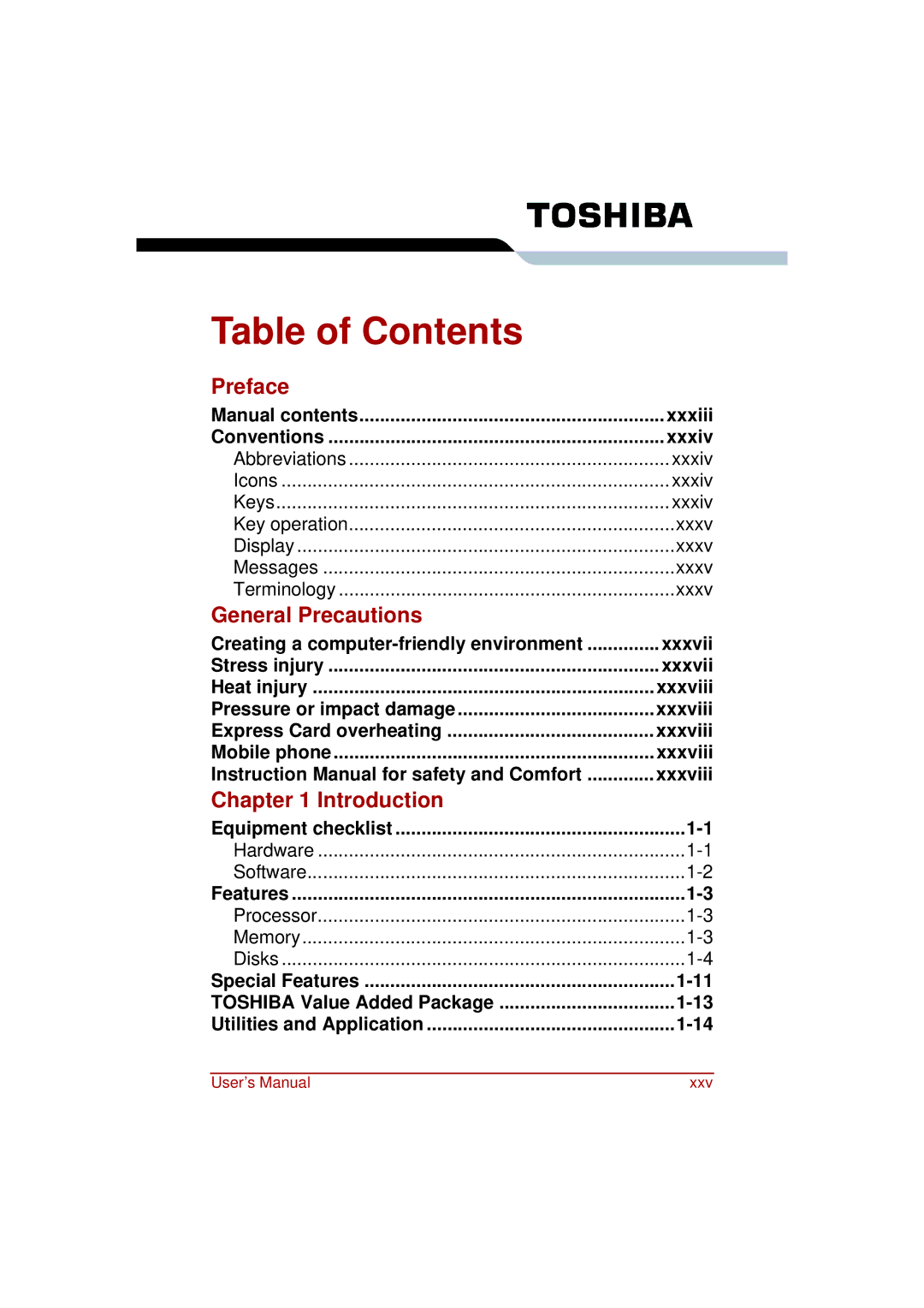 Toshiba a210 user manual Table of Contents 