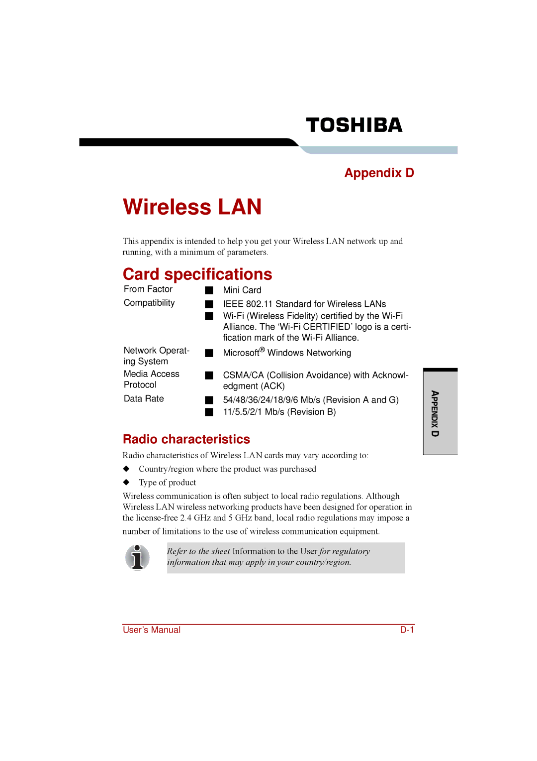 Toshiba a210 user manual Wireless LAN, Card specifications, Appendix D, Radio characteristics 