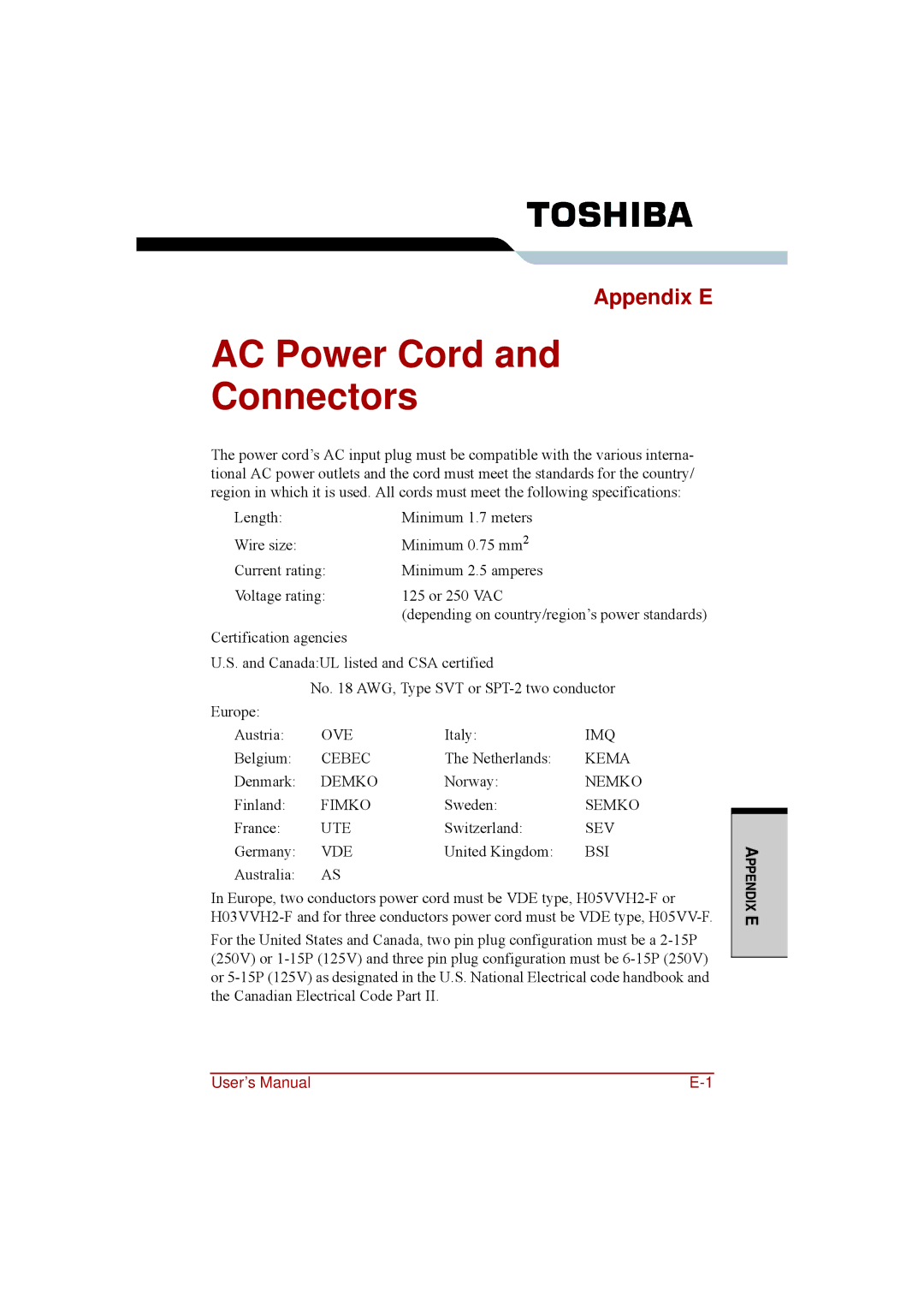 Toshiba a210 user manual AC Power Cord Connectors, Appendix E 