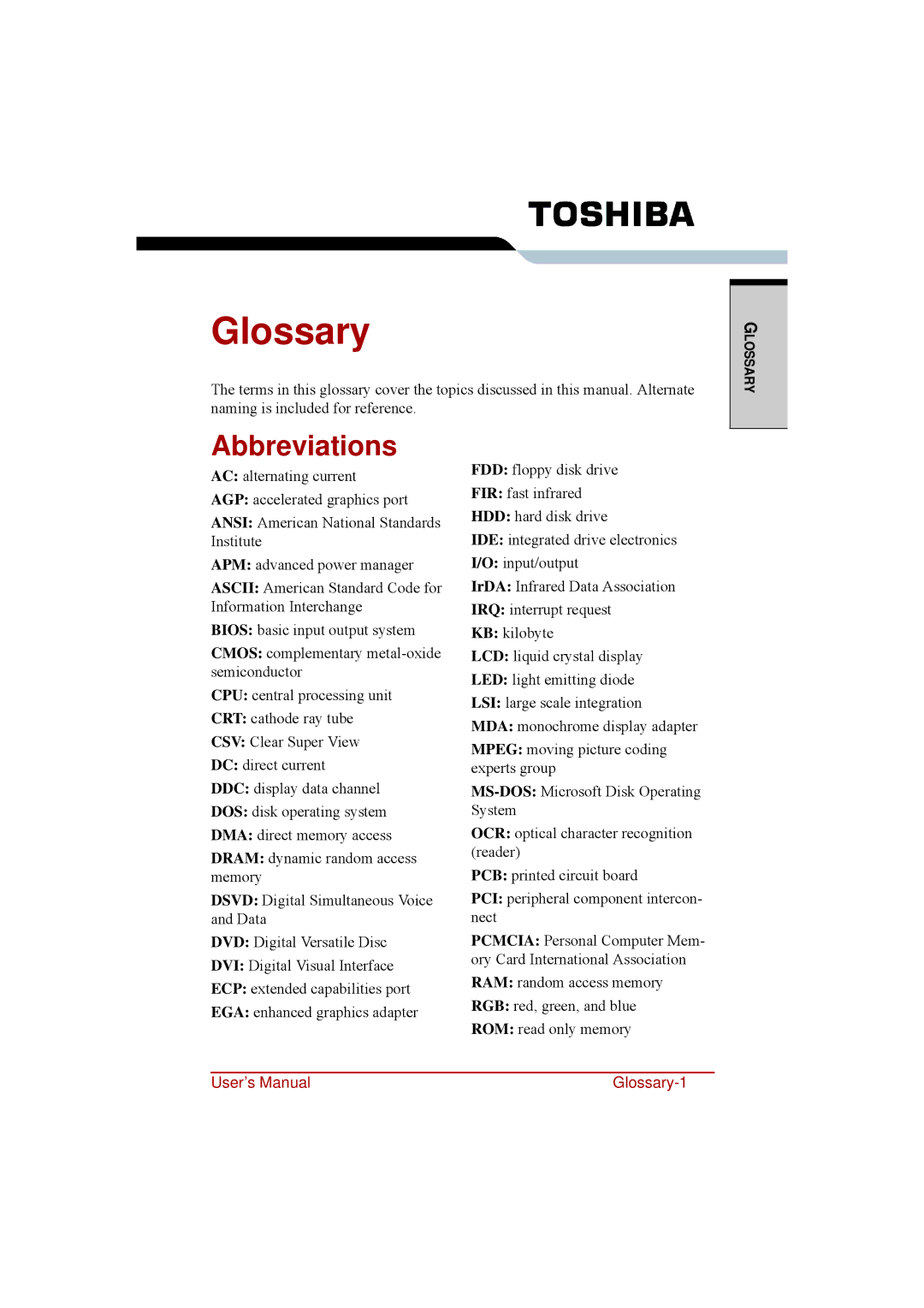 Toshiba a210 user manual Glossary, Abbreviations 