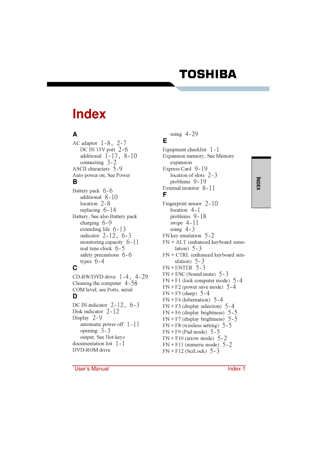 Toshiba a210 user manual Index 