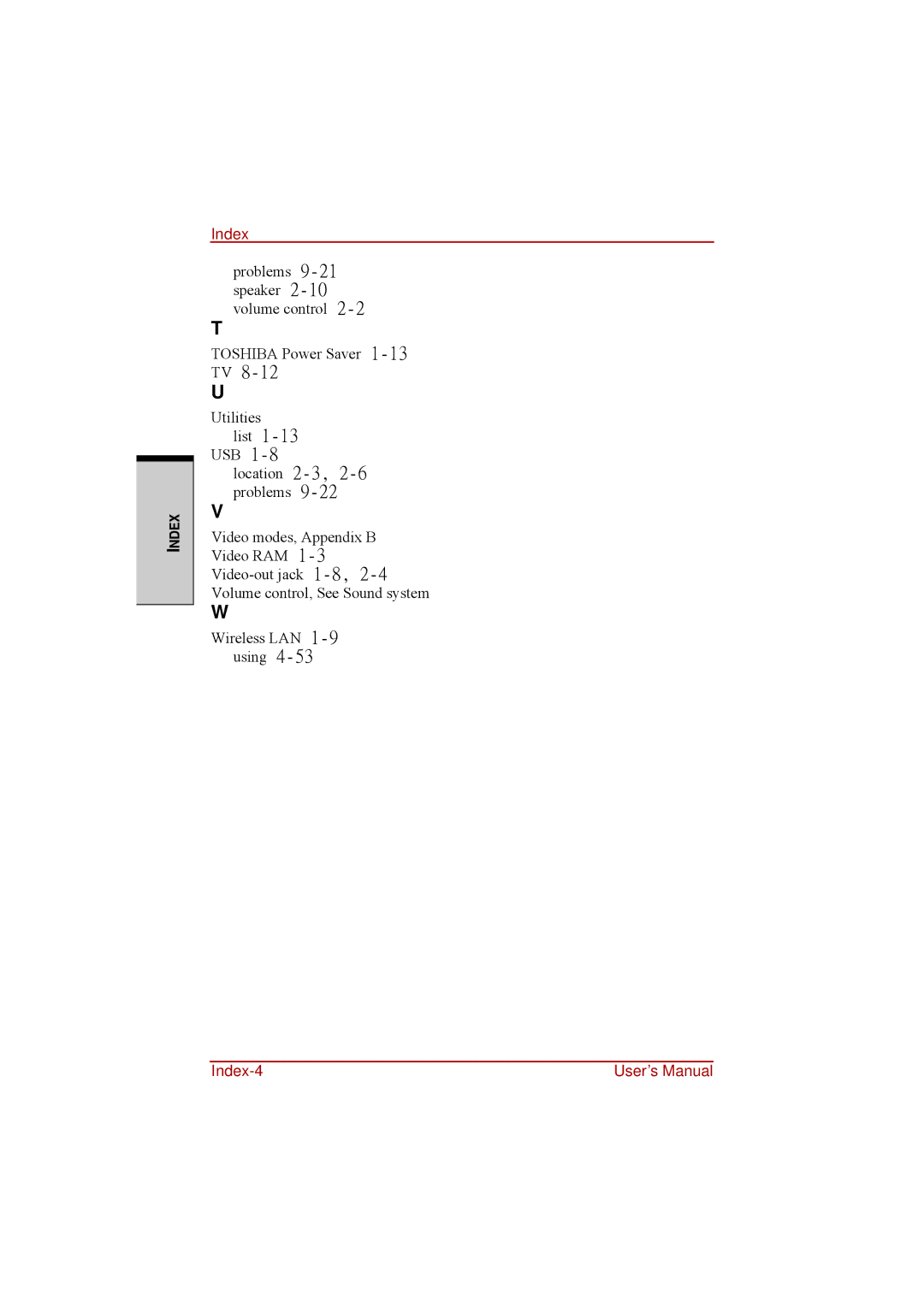 Toshiba a210 user manual Index-4 User’s Manual 