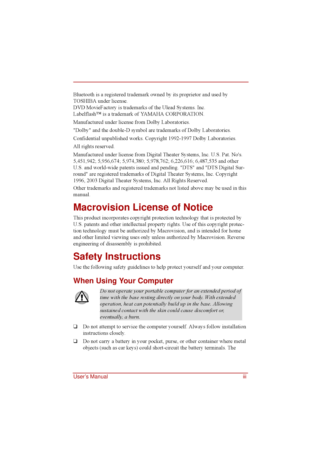 Toshiba a210 user manual Macrovision License of Notice, Safety Instructions, When Using Your Computer 