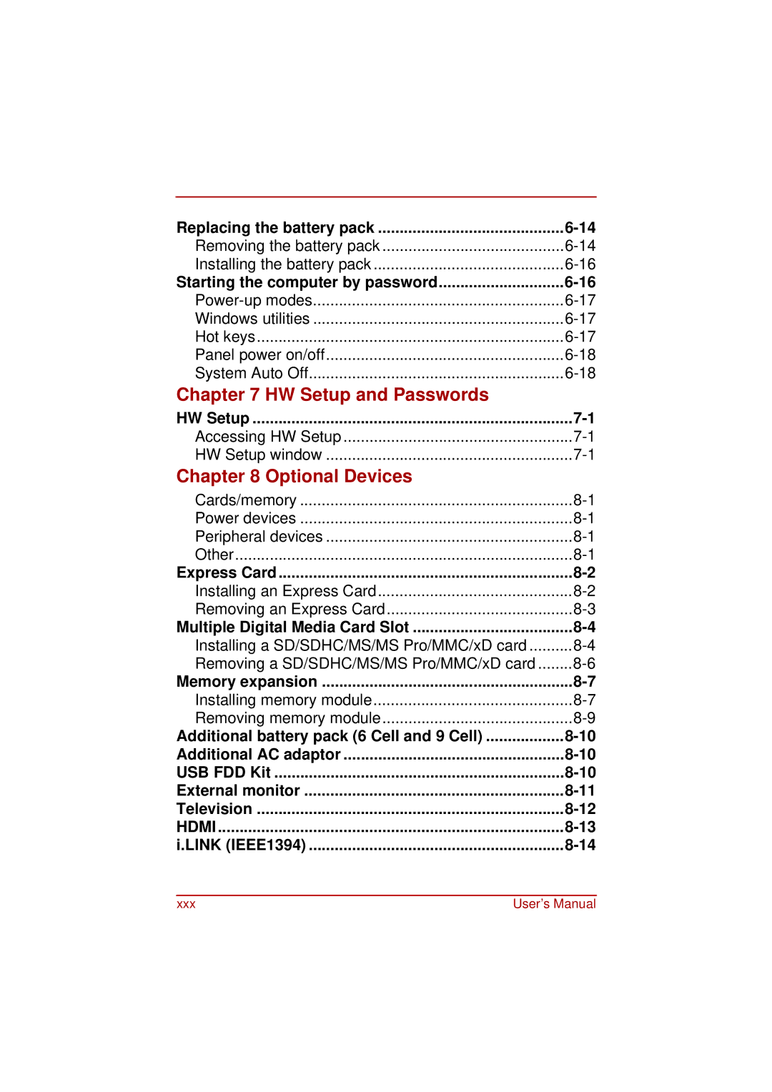 Toshiba a210 user manual HW Setup and Passwords, Optional Devices 