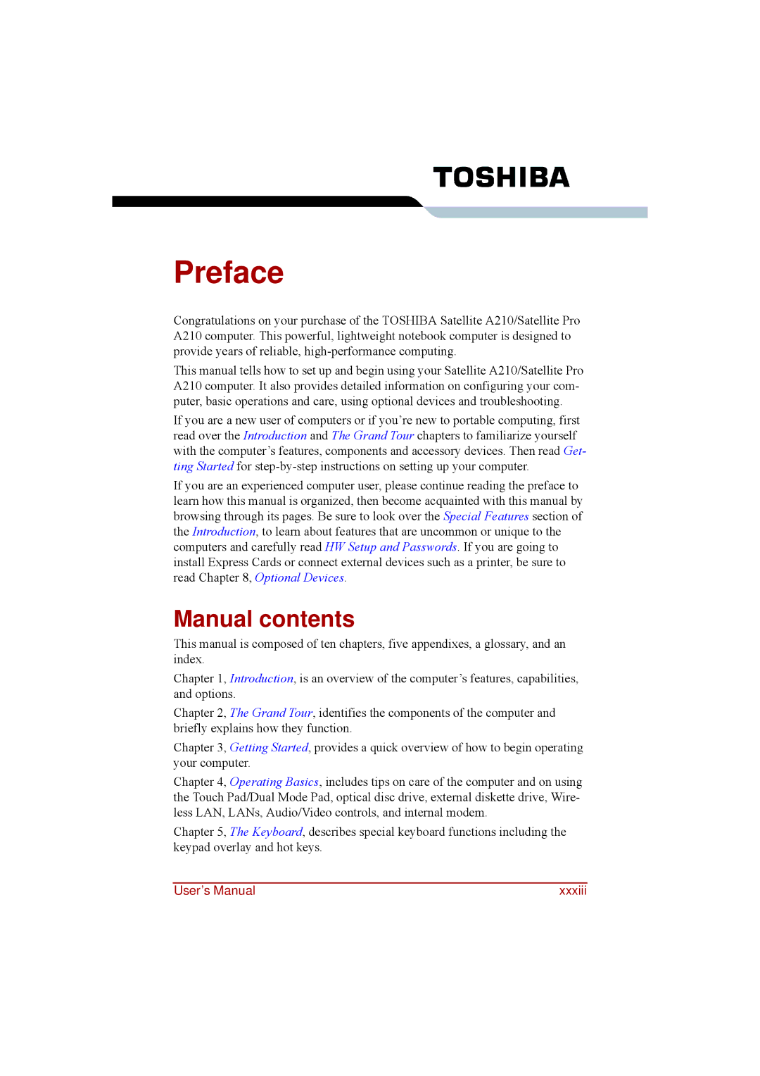 Toshiba a210 user manual Preface, Manual contents 