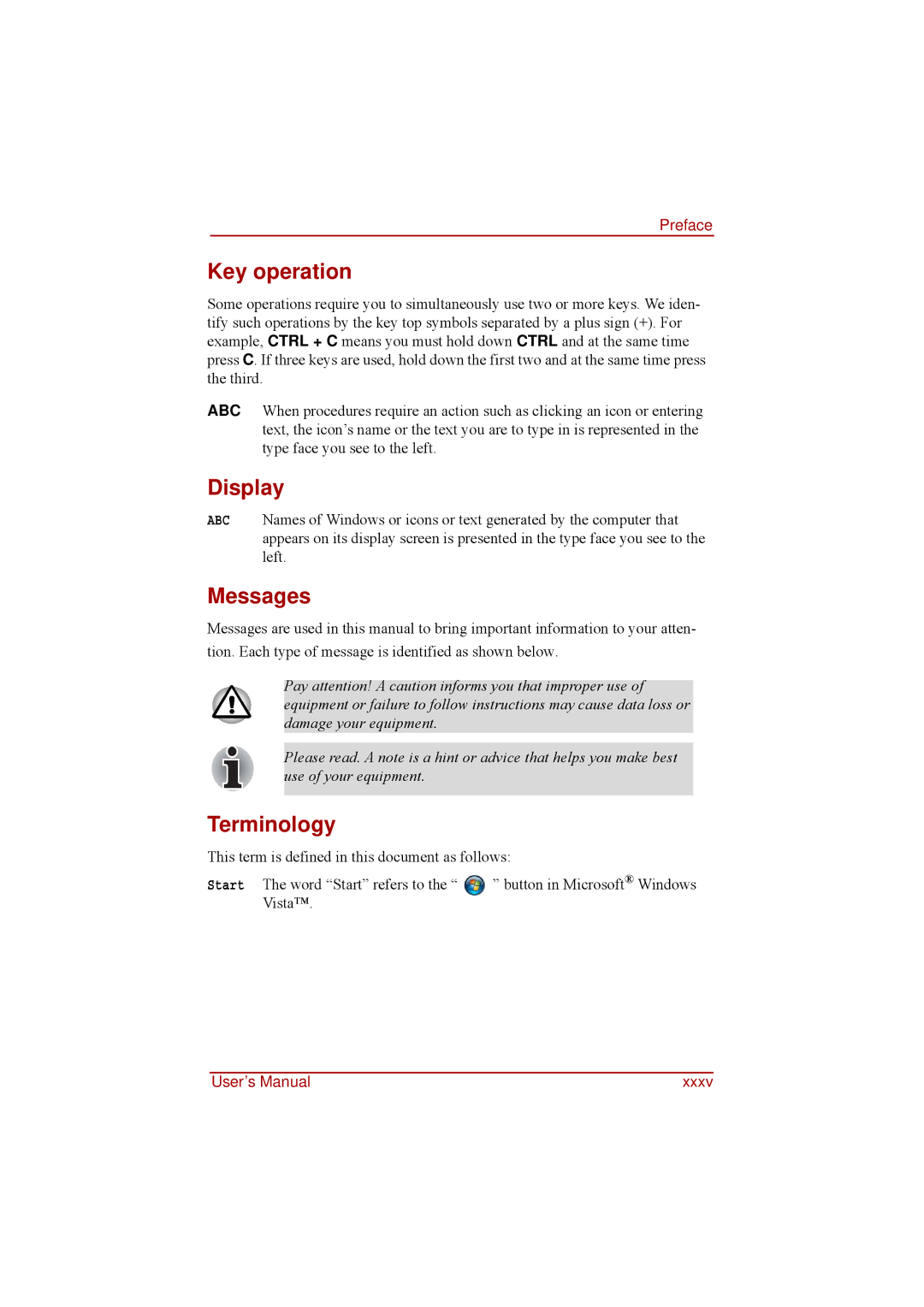 Toshiba a210 user manual Key operation, Display, Messages, Terminology 