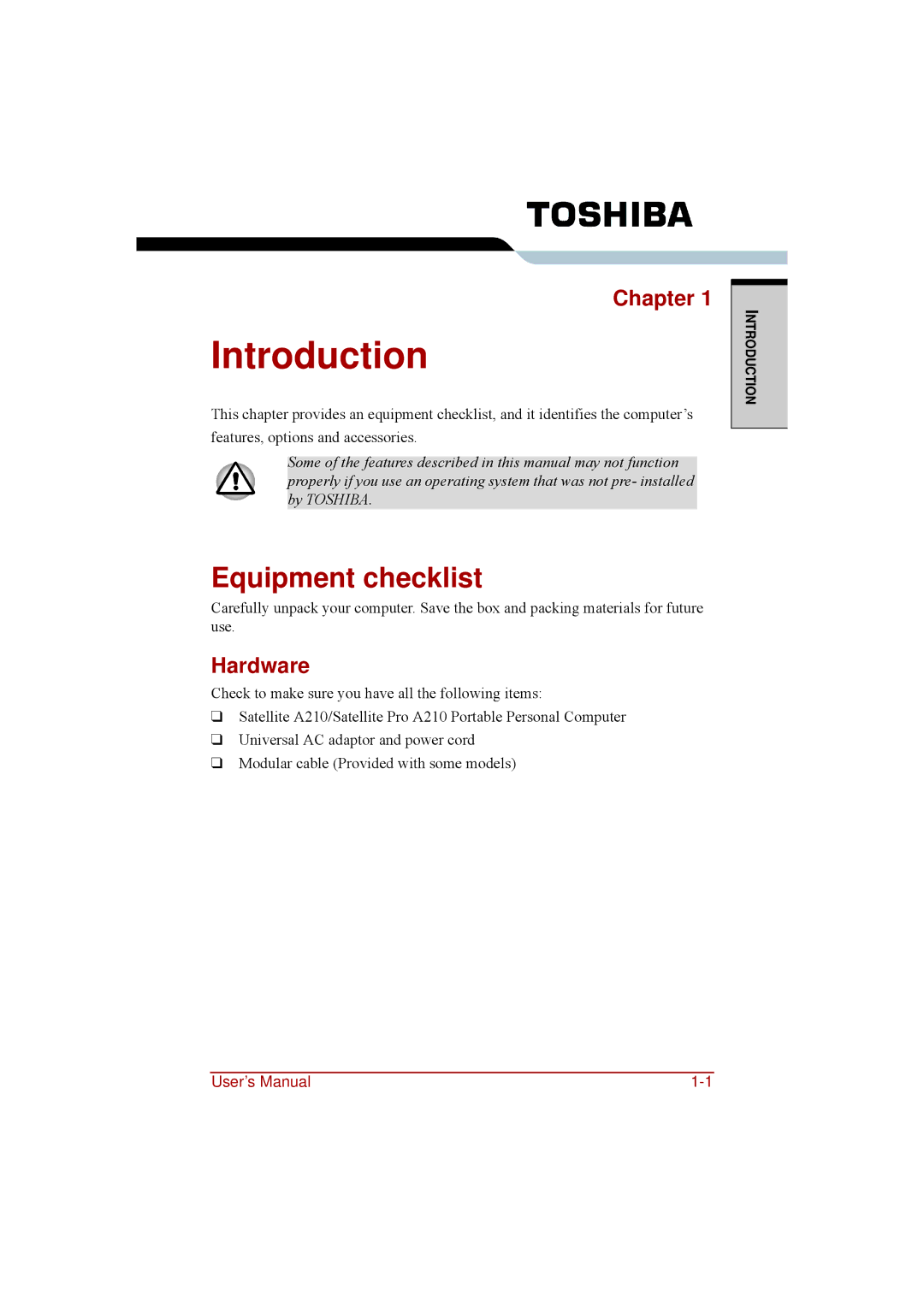 Toshiba a210 user manual Introduction, Equipment checklist, Chapter, Hardware 