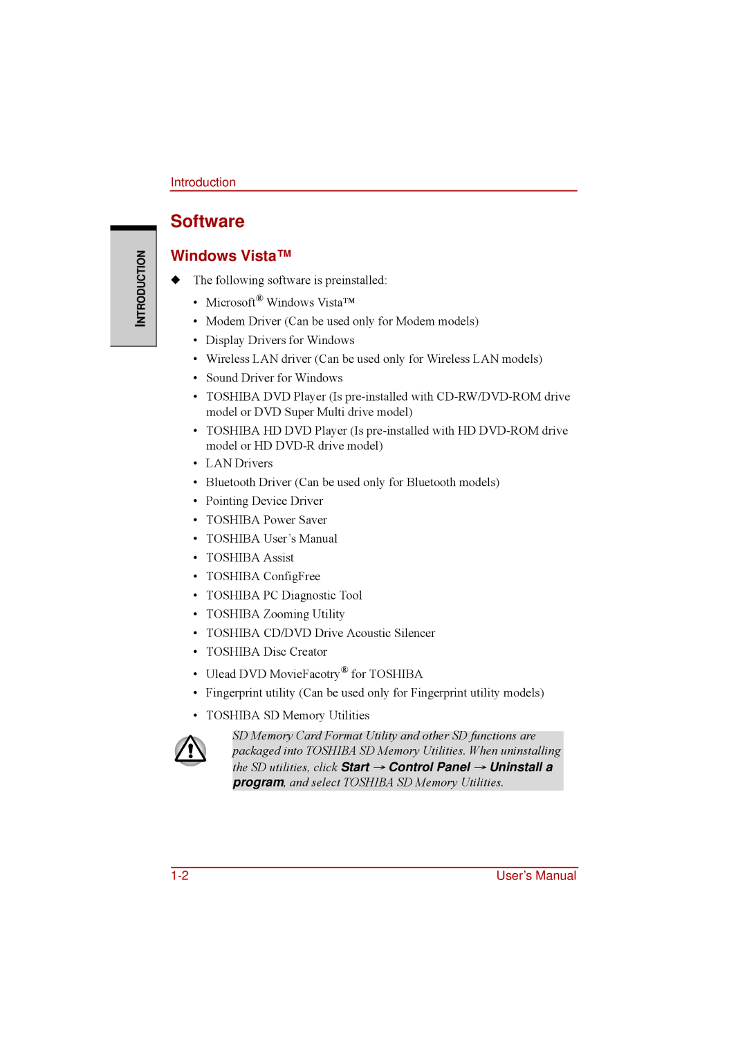 Toshiba a210 user manual Software, Windows Vista 