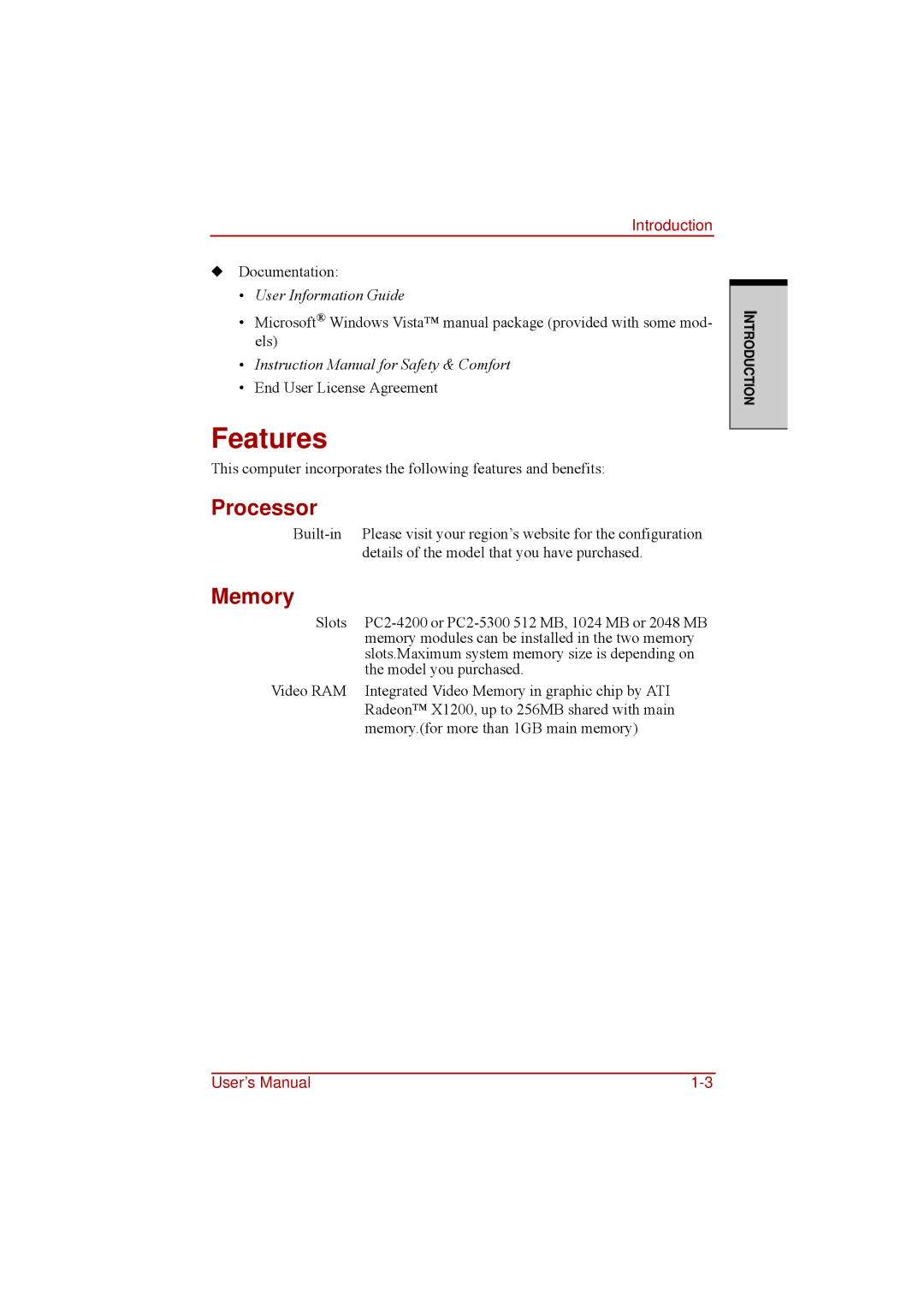 Toshiba a210 user manual Features, Processor, Memory 