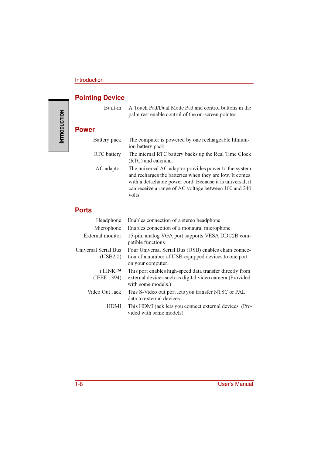 Toshiba a210 user manual Pointing Device, Power, Ports 