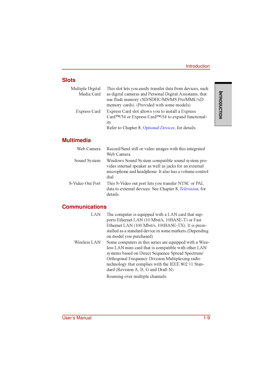 Toshiba a210 user manual Slots, Multimedia, Communications 