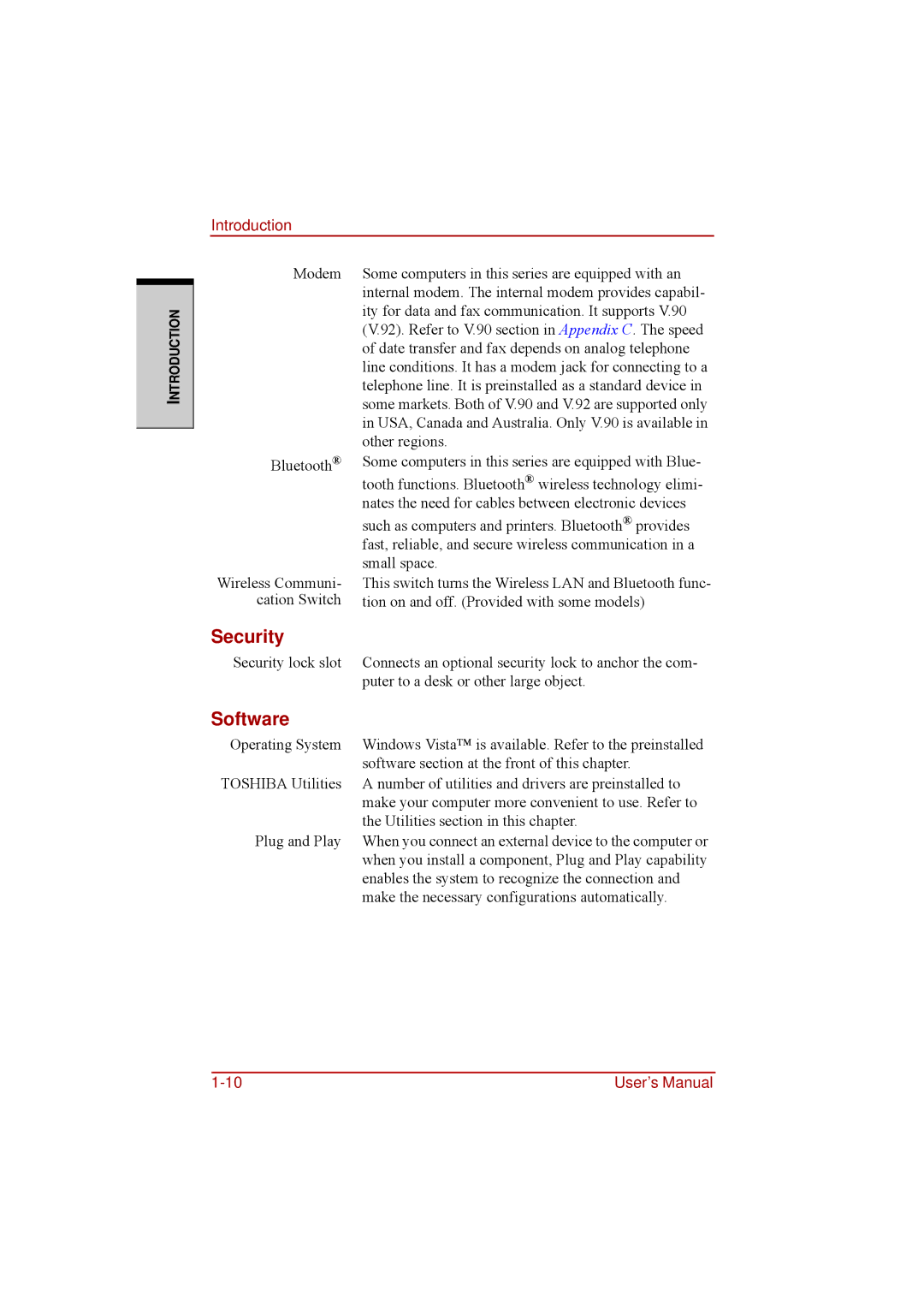 Toshiba a210 user manual Security, Software 