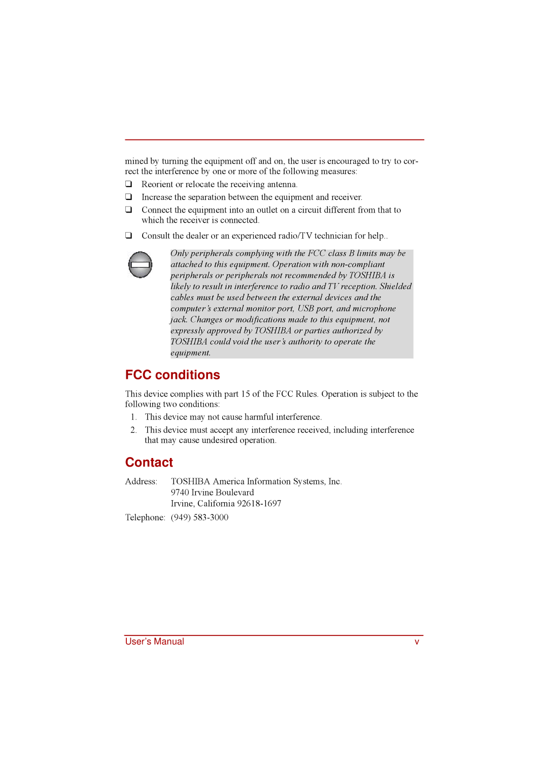 Toshiba a210 user manual FCC conditions, Contact 