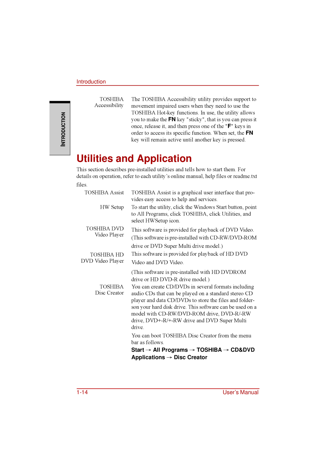 Toshiba a210 user manual Utilities and Application 