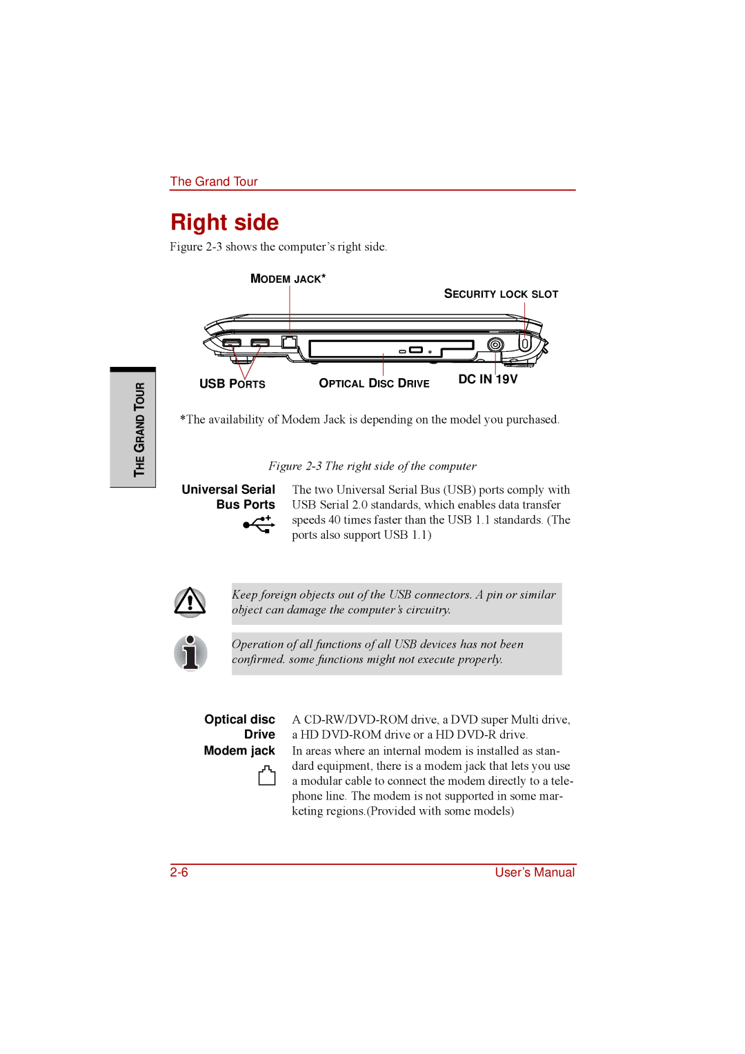 Toshiba a210 user manual Right side, 19V 