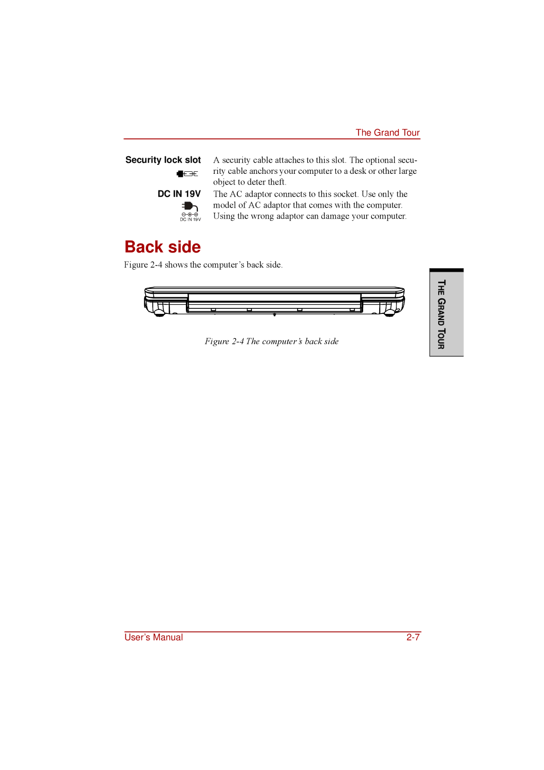 Toshiba a210 user manual Back side, Shows the computer’s back side 