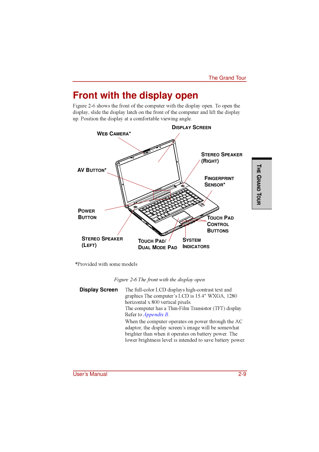 Toshiba a210 user manual Front with the display open, Eft 