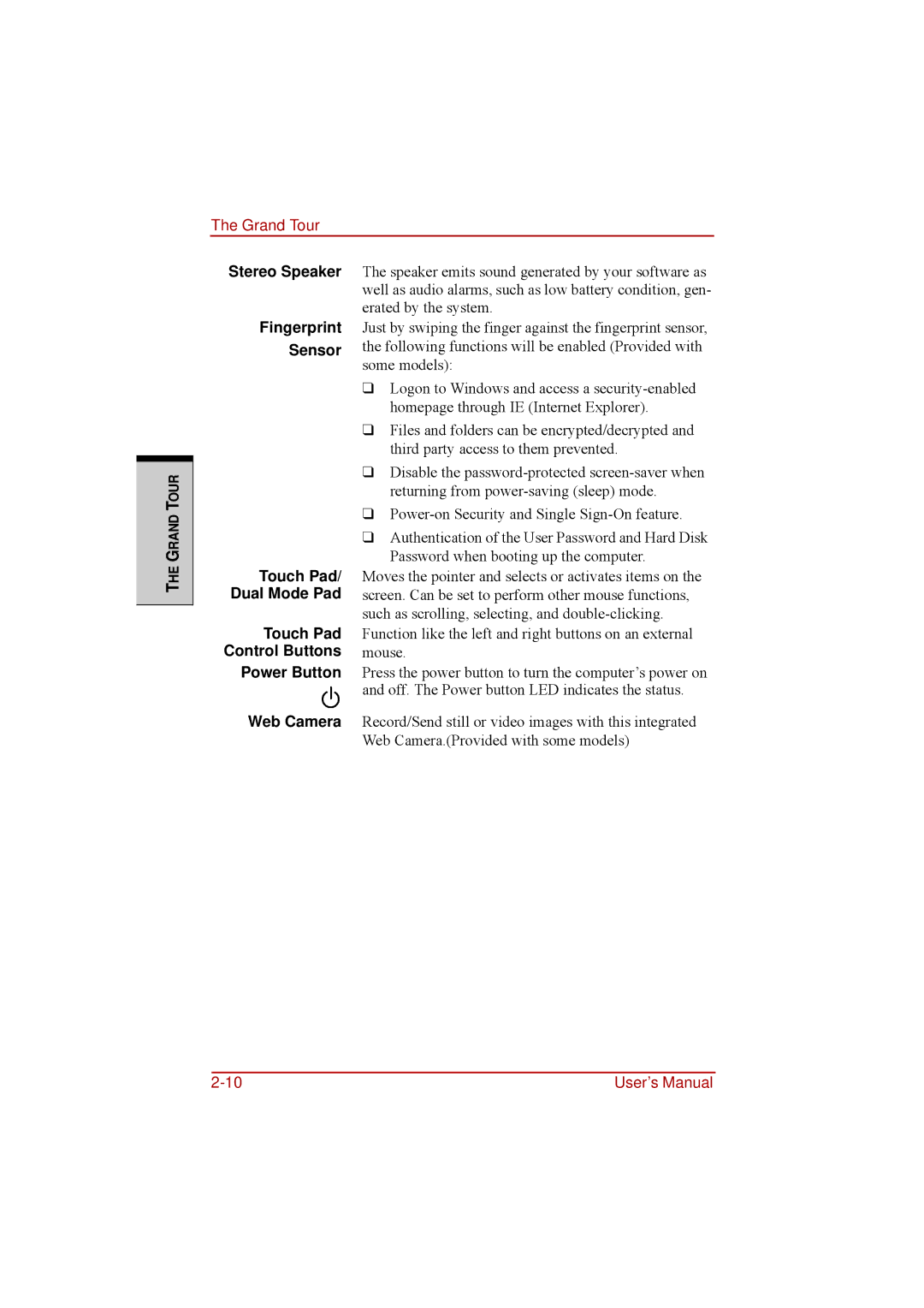 Toshiba a210 user manual Fingerprint Sensor Touch Pad/ Dual Mode Pad, Control Buttons, Power Button, Web Camera 