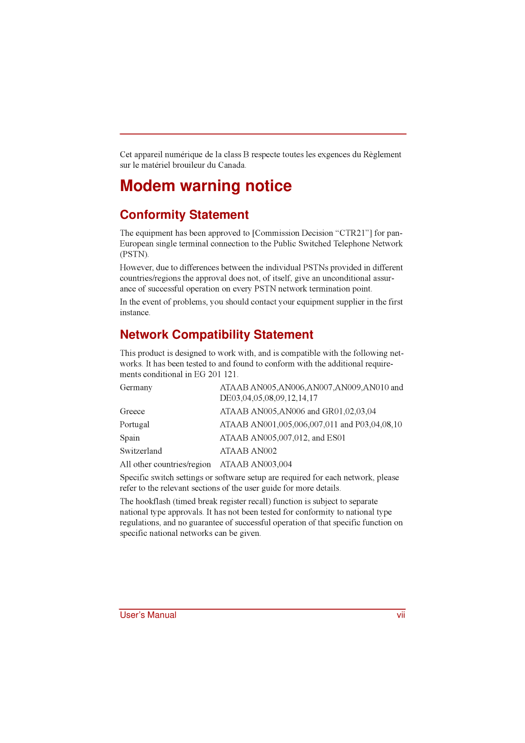 Toshiba a210 user manual Modem warning notice, Conformity Statement, Network Compatibility Statement 