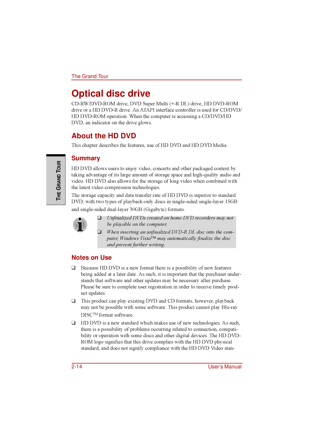 Toshiba a210 user manual Optical disc drive, About the HD DVD, Summary 