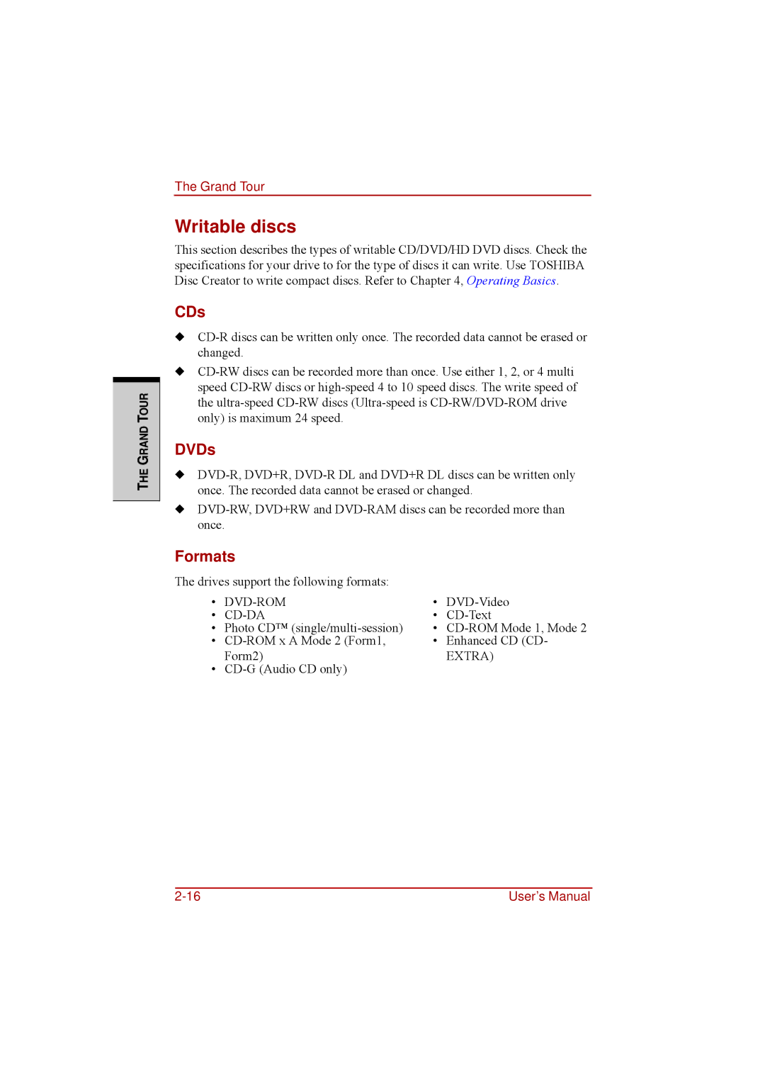 Toshiba a210 user manual Writable discs, CDs, DVDs, Formats 