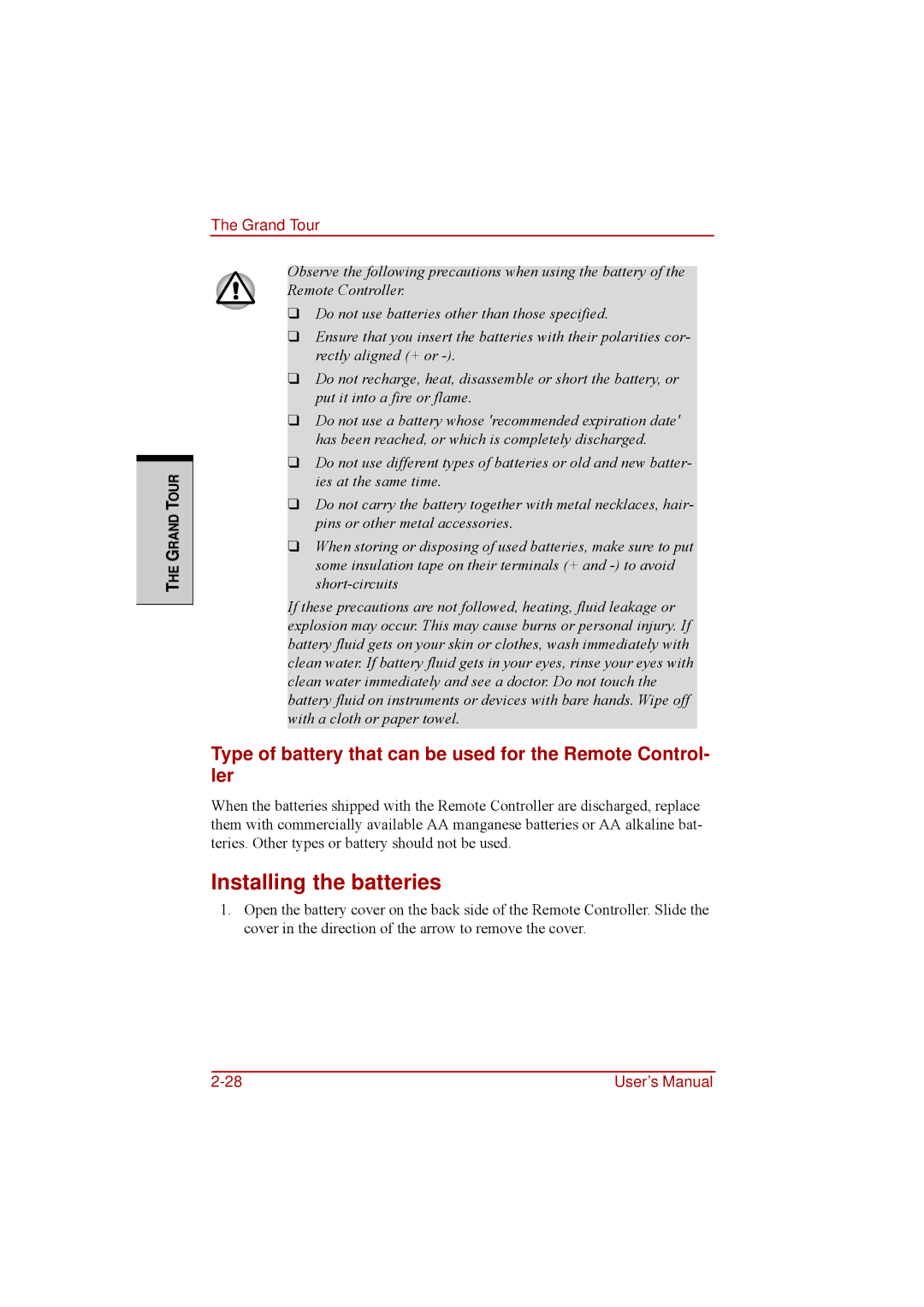 Toshiba a210 user manual Installing the batteries, Type of battery that can be used for the Remote Control- ler 