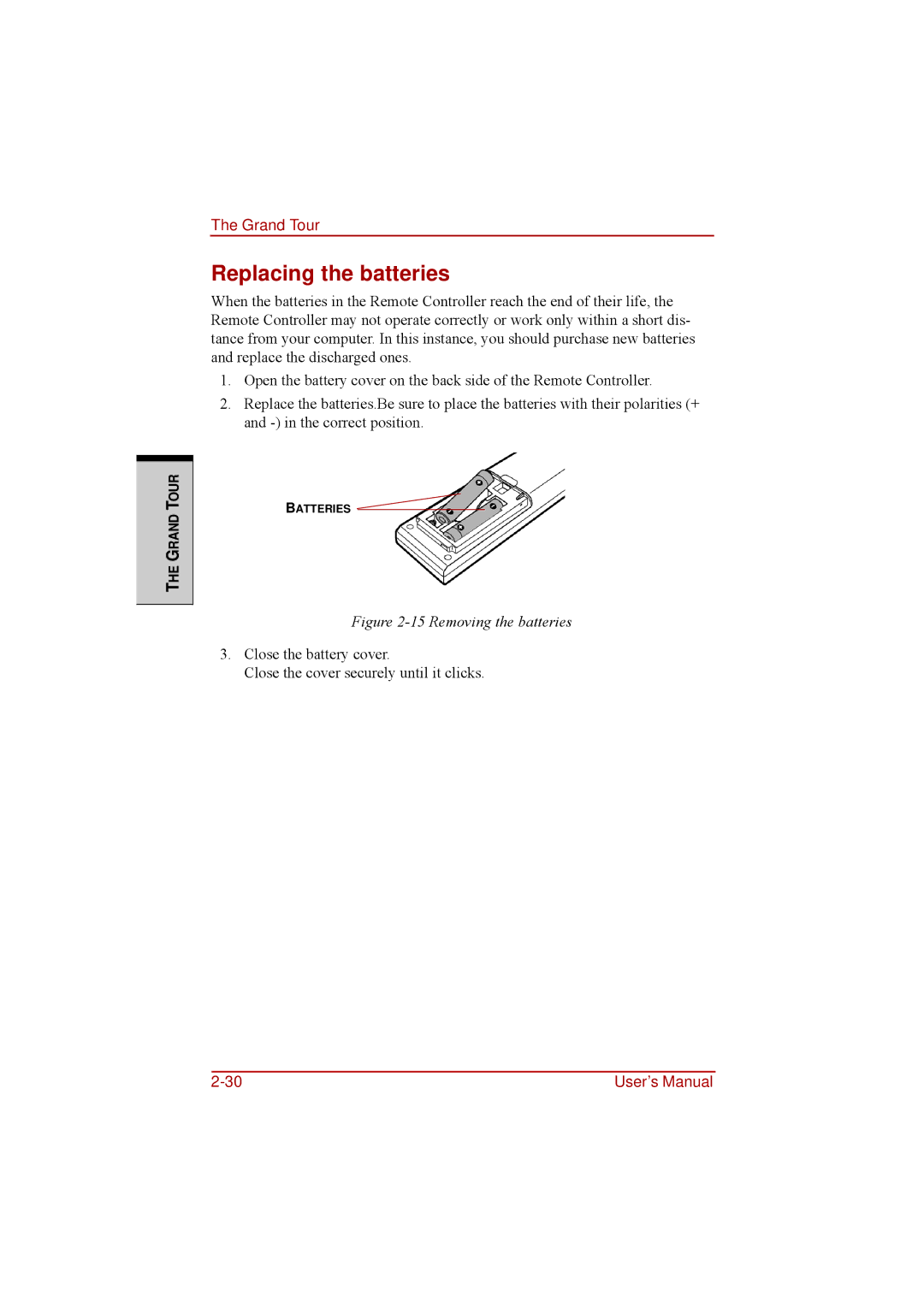 Toshiba a210 user manual Replacing the batteries, Removing the batteries 